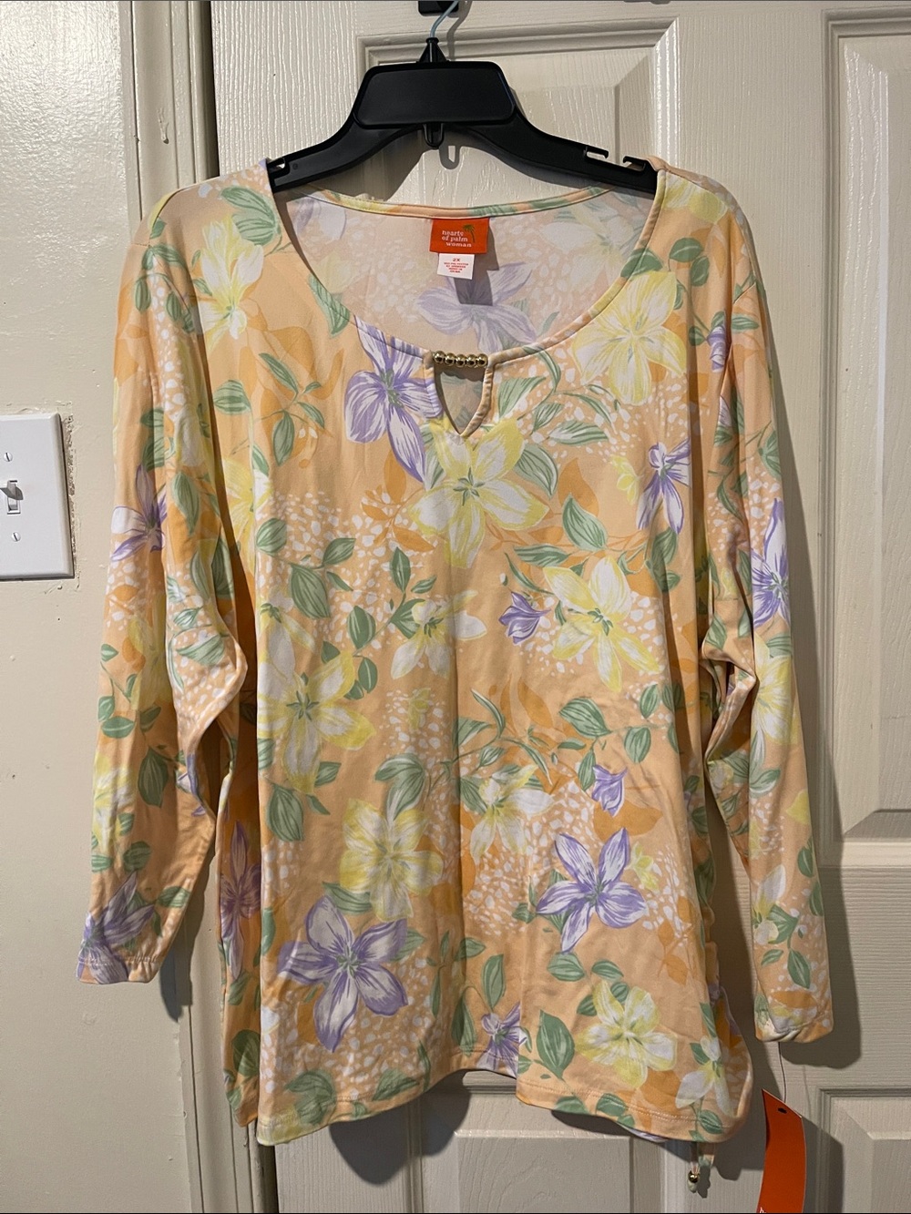 hearts of palm Peach Floral Long Sleeve Top with Beaded Keyhole